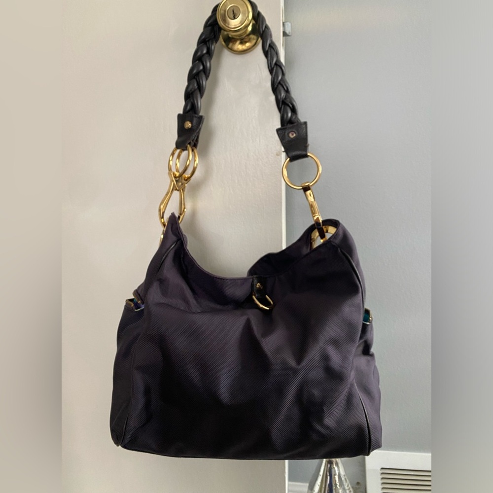 JPK Paris 75 Nylon Shoulder Bag with Braided Leather Strap, Navy w Gold Trim